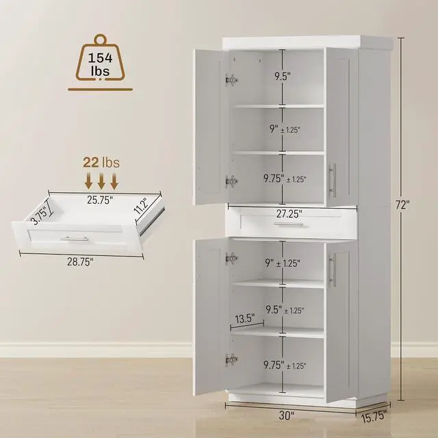 Alt view image 3 of 7 - 72" Kitchen Pantry Cabinet Freestanding Storage Cabinet White | 4 Doors, Drawer, 3 Adjustable Shelves, for Dining Room