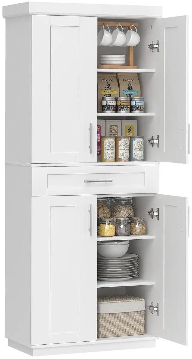 Main image of 72" Kitchen Pantry Cabinet Freestanding Storage Cabinet White | 4 Doors, Drawer, 3 Adjustable Shelves, for Dining Room
