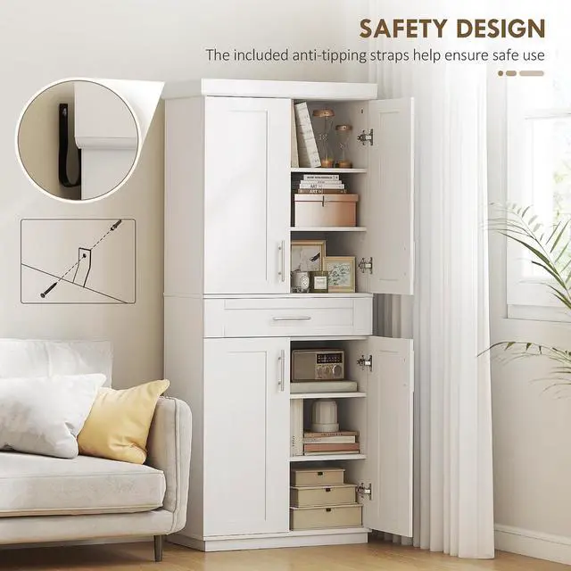 Alt view image 6 of 7 - 72" Kitchen Pantry Cabinet Freestanding Storage Cabinet White | 4 Doors, Drawer, 3 Adjustable Shelves, for Dining Room