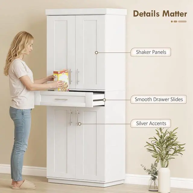 Alt view image 7 of 7 - 72" Kitchen Pantry Cabinet Freestanding Storage Cabinet White | 4 Doors, Drawer, 3 Adjustable Shelves, for Dining Room