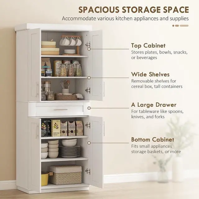 Alt view image 4 of 7 - 72" Kitchen Pantry Cabinet Freestanding Storage Cabinet White | 4 Doors, Drawer, 3 Adjustable Shelves, for Dining Room
