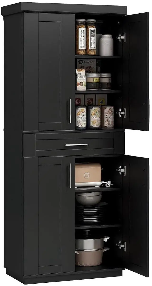 Main image of 72" Kitchen Pantry Cabinet Freestanding Storage Cabinet Black | 4 Doors, Drawer, 3 Adjustable Shelves, for Dining Room
