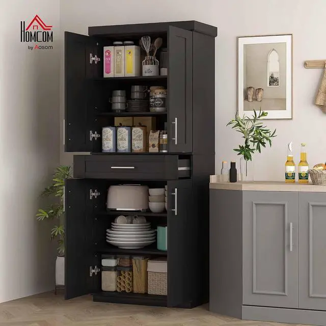 Alt view image 2 of 7 - 72" Kitchen Pantry Cabinet Freestanding Storage Cabinet Black | 4 Doors, Drawer, 3 Adjustable Shelves, for Dining Room