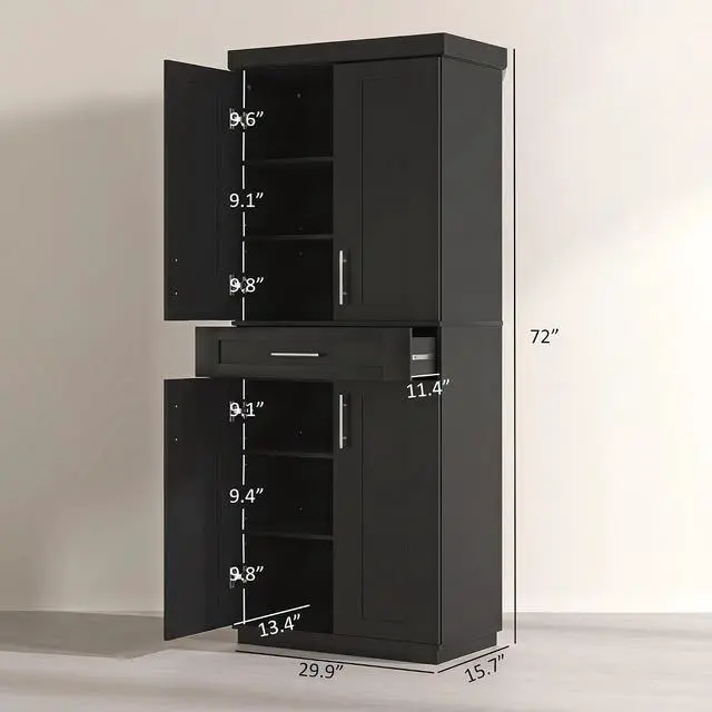 Alt view image 3 of 7 - 72" Kitchen Pantry Cabinet Freestanding Storage Cabinet Black | 4 Doors, Drawer, 3 Adjustable Shelves, for Dining Room