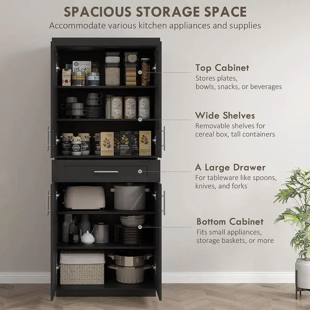 Alt view image 4 of 7 - 72" Kitchen Pantry Cabinet Freestanding Storage Cabinet Black | 4 Doors, Drawer, 3 Adjustable Shelves, for Dining Room