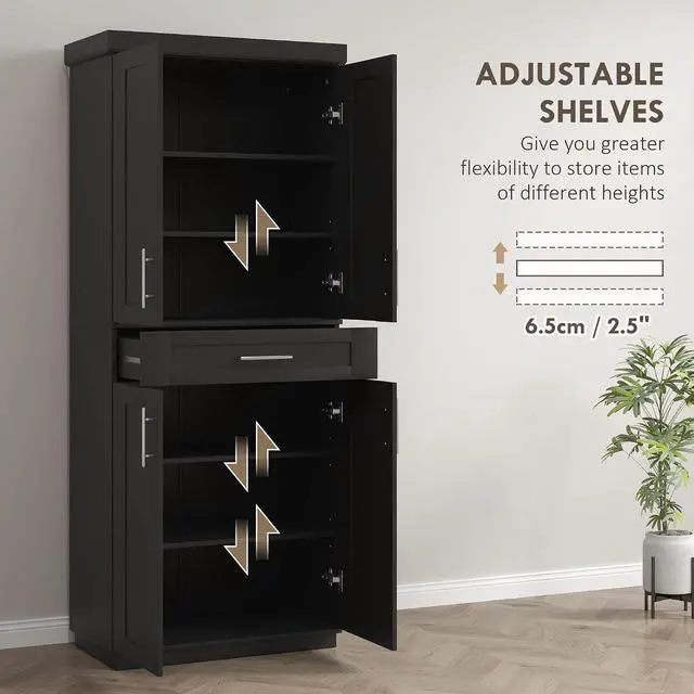 Alt view image 5 of 7 - 72" Kitchen Pantry Cabinet Freestanding Storage Cabinet Black | 4 Doors, Drawer, 3 Adjustable Shelves, for Dining Room