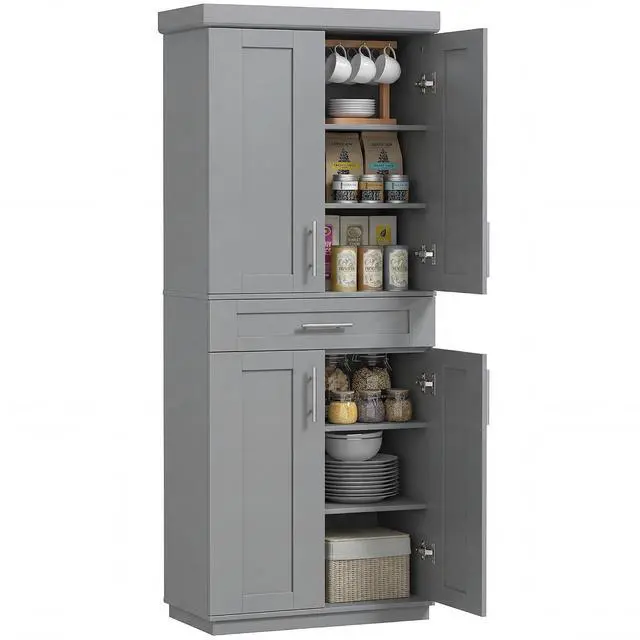 Main image of 72" Kitchen Pantry Cabinet Freestanding Storage Cabinet Gray | 4 Doors, Drawer, 3 Adjustable Shelves, for Dining Room