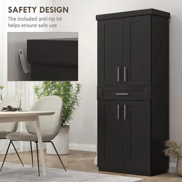 Alt view image 6 of 7 - 72" Kitchen Pantry Cabinet Freestanding Storage Cabinet Black | 4 Doors, Drawer, 3 Adjustable Shelves, for Dining Room