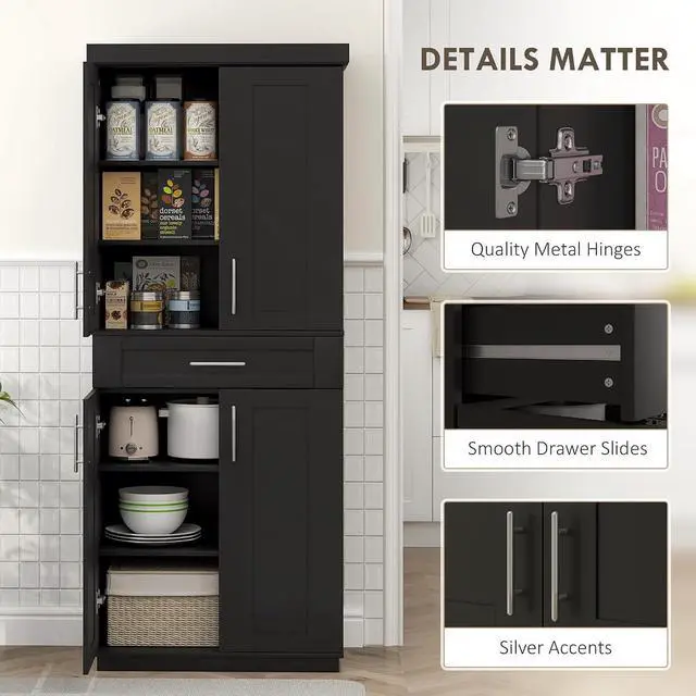 Alt view image 7 of 7 - 72" Kitchen Pantry Cabinet Freestanding Storage Cabinet Black | 4 Doors, Drawer, 3 Adjustable Shelves, for Dining Room