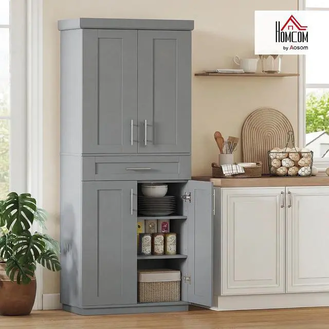 Alt view image 2 of 7 - 72" Kitchen Pantry Cabinet Freestanding Storage Cabinet Gray | 4 Doors, Drawer, 3 Adjustable Shelves, for Dining Room