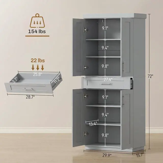 Alt view image 3 of 7 - 72" Kitchen Pantry Cabinet Freestanding Storage Cabinet Gray | 4 Doors, Drawer, 3 Adjustable Shelves, for Dining Room