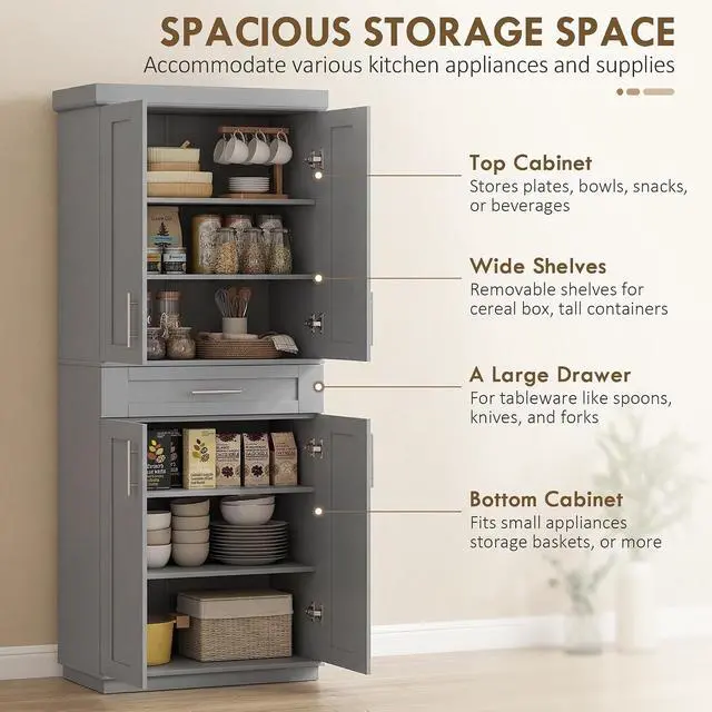 Alt view image 4 of 7 - 72" Kitchen Pantry Cabinet Freestanding Storage Cabinet Gray | 4 Doors, Drawer, 3 Adjustable Shelves, for Dining Room