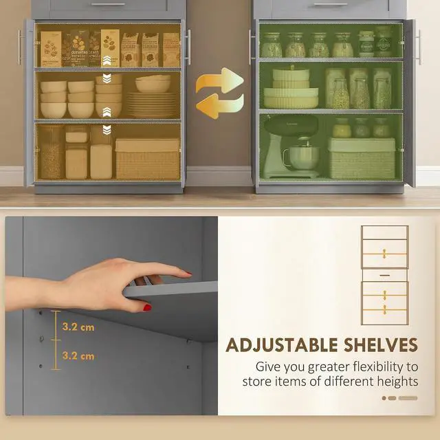 Alt view image 5 of 7 - 72" Kitchen Pantry Cabinet Freestanding Storage Cabinet Gray | 4 Doors, Drawer, 3 Adjustable Shelves, for Dining Room