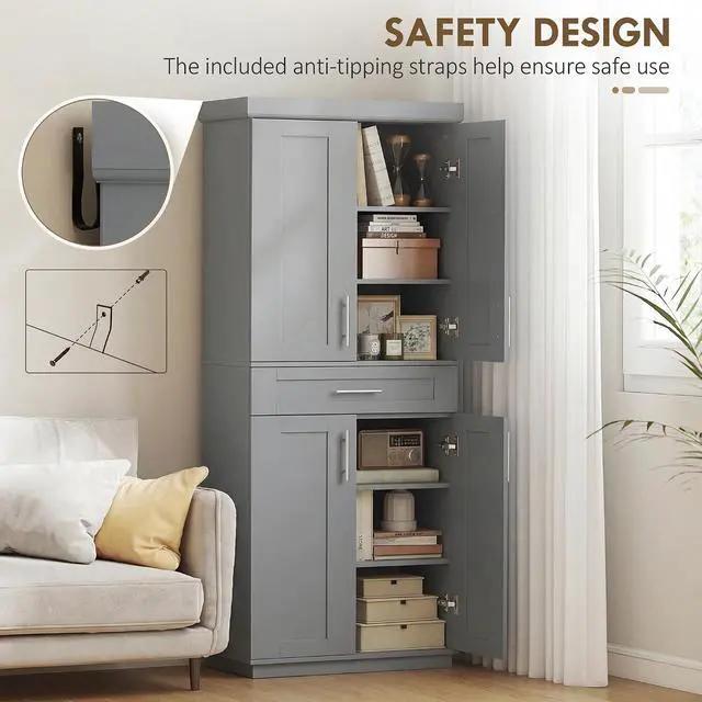 Alt view image 6 of 7 - 72" Kitchen Pantry Cabinet Freestanding Storage Cabinet Gray | 4 Doors, Drawer, 3 Adjustable Shelves, for Dining Room