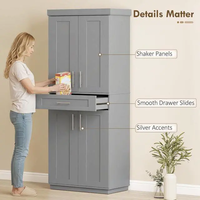 Alt view image 7 of 7 - 72" Kitchen Pantry Cabinet Freestanding Storage Cabinet Gray | 4 Doors, Drawer, 3 Adjustable Shelves, for Dining Room