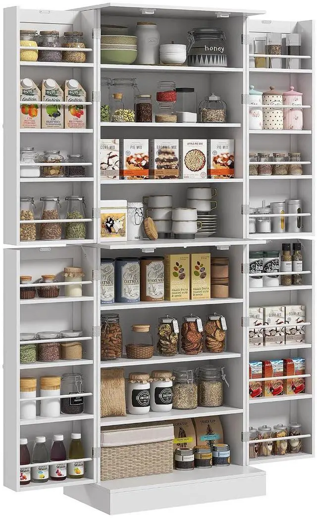 Main image of 65" Kitchen Pantry Storage Cabinet 16 Door Shelves White | Freestanding Kitchen Cabinet, 4 Doors, 8-Tier Shelving, Adjustable Shelves