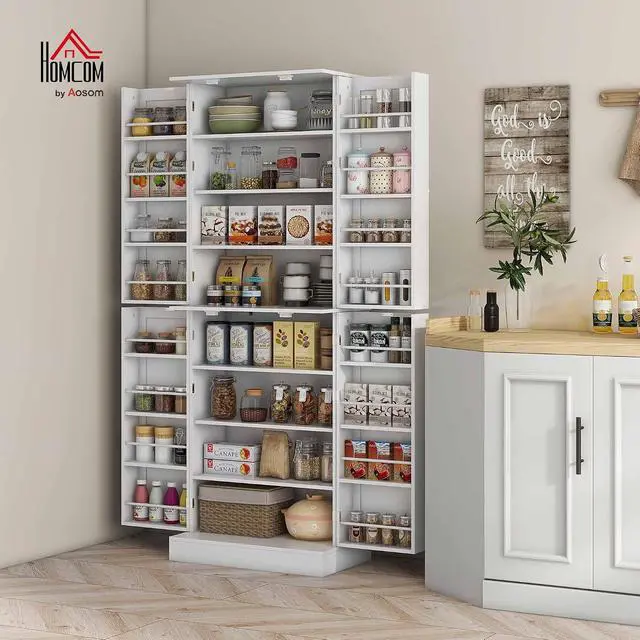 Alt view image 2 of 7 - 65" Kitchen Pantry Storage Cabinet 16 Door Shelves White | Freestanding Kitchen Cabinet, 4 Doors, 8-Tier Shelving, Adjustable Shelves