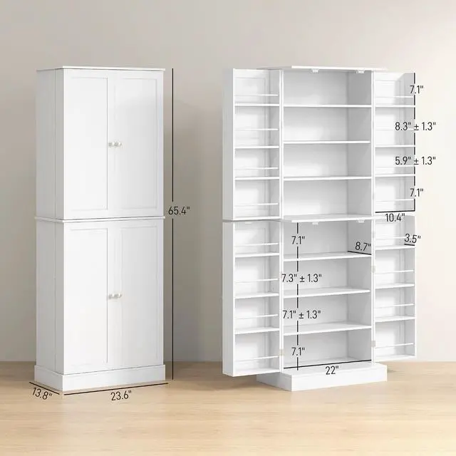 Alt view image 3 of 7 - 65" Kitchen Pantry Storage Cabinet 16 Door Shelves White | Freestanding Kitchen Cabinet, 4 Doors, 8-Tier Shelving, Adjustable Shelves