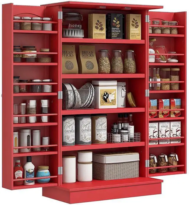 Main image of 41" Kitchen Pantry Storage Cabinet 12 Door Shelves Double Doors Red | Freestanding Kitchen Cabinet, 2 Doors, 5-Tier Shelving, Adjustable Shelves