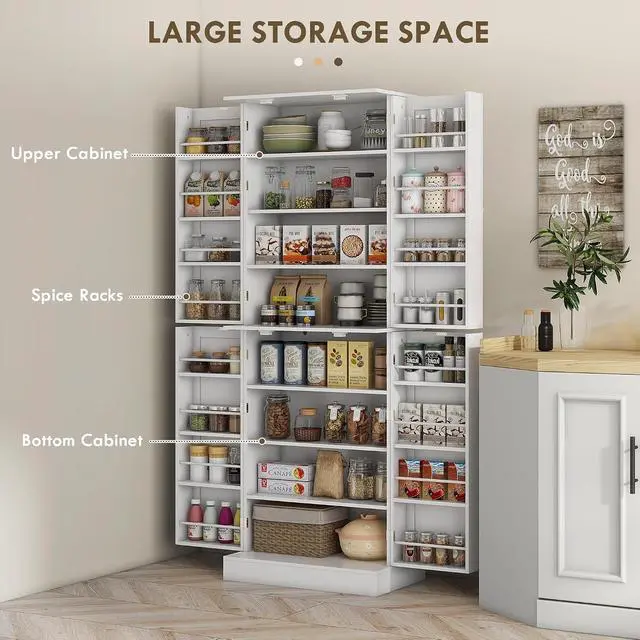 Alt view image 4 of 7 - 65" Kitchen Pantry Storage Cabinet 16 Door Shelves White | Freestanding Kitchen Cabinet, 4 Doors, 8-Tier Shelving, Adjustable Shelves