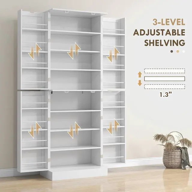 Alt view image 5 of 7 - 65" Kitchen Pantry Storage Cabinet 16 Door Shelves White | Freestanding Kitchen Cabinet, 4 Doors, 8-Tier Shelving, Adjustable Shelves