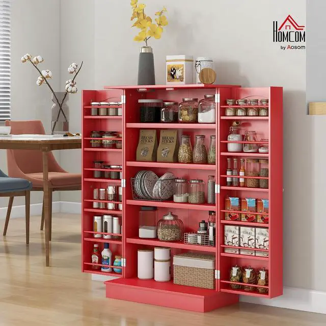 Alt view image 2 of 7 - 41" Kitchen Pantry Storage Cabinet 12 Door Shelves Double Doors Red | Freestanding Kitchen Cabinet, 2 Doors, 5-Tier Shelving, Adjustable Shelves