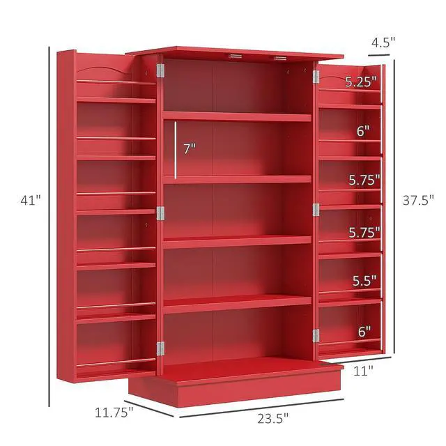Alt view image 3 of 7 - 41" Kitchen Pantry Storage Cabinet 12 Door Shelves Double Doors Red | Freestanding Kitchen Cabinet, 2 Doors, 5-Tier Shelving, Adjustable Shelves