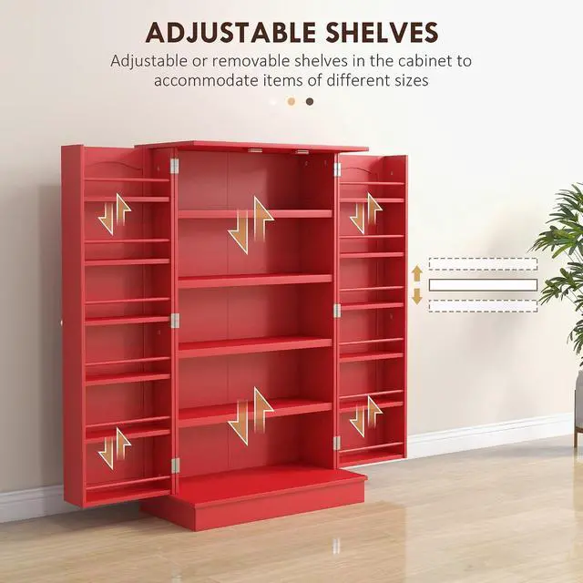 Alt view image 5 of 7 - 41" Kitchen Pantry Storage Cabinet 12 Door Shelves Double Doors Red | Freestanding Kitchen Cabinet, 2 Doors, 5-Tier Shelving, Adjustable Shelves