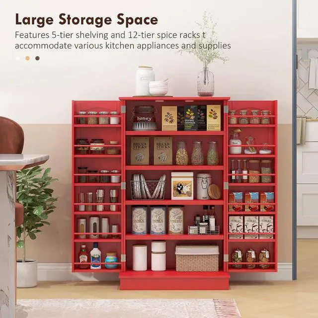 Alt view image 4 of 7 - 41" Kitchen Pantry Storage Cabinet 12 Door Shelves Double Doors Red | Freestanding Kitchen Cabinet, 2 Doors, 5-Tier Shelving, Adjustable Shelves