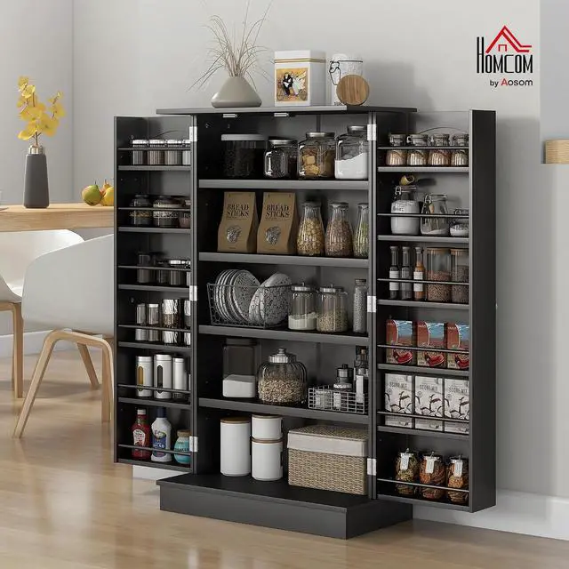 Alt view image 2 of 7 - 41" Kitchen Pantry Storage Cabinet 12 Door Shelves Black | Freestanding Kitchen Cabinet, 2 Doors, 5-Tier Shelving, Adjustable Shelves