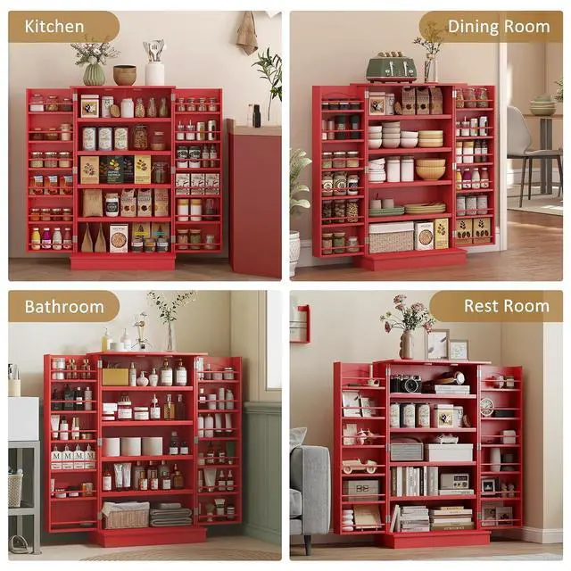 Alt view image 7 of 7 - 41" Kitchen Pantry Storage Cabinet 12 Door Shelves Double Doors Red | Freestanding Kitchen Cabinet, 2 Doors, 5-Tier Shelving, Adjustable Shelves