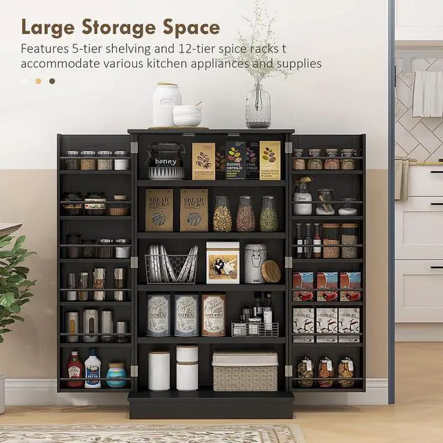 Alt view image 4 of 7 - 41" Kitchen Pantry Storage Cabinet 12 Door Shelves Black | Freestanding Kitchen Cabinet, 2 Doors, 5-Tier Shelving, Adjustable Shelves