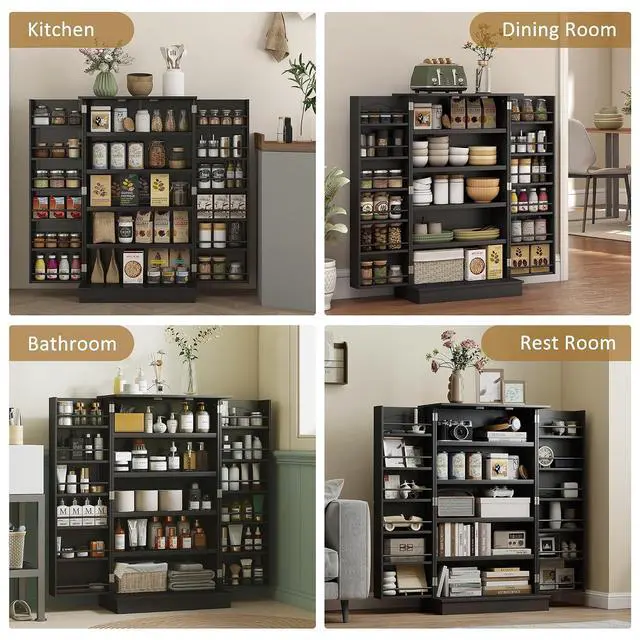 Alt view image 7 of 7 - 41" Kitchen Pantry Storage Cabinet 12 Door Shelves Black | Freestanding Kitchen Cabinet, 2 Doors, 5-Tier Shelving, Adjustable Shelves