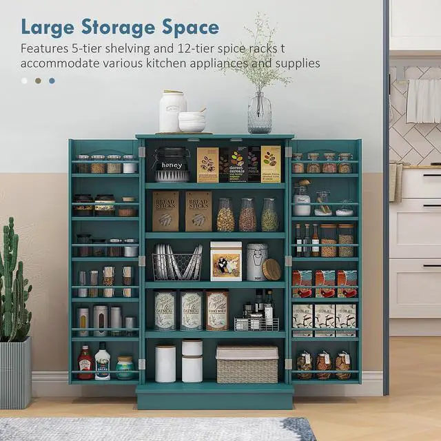 Alt view image 4 of 7 - 41" Kitchen Pantry Storage Cabinet 12 Door Shelves Double Doors Blue | Freestanding Kitchen Cabinet, 2 Doors, 5-Tier Shelving, Adjustable Shelves