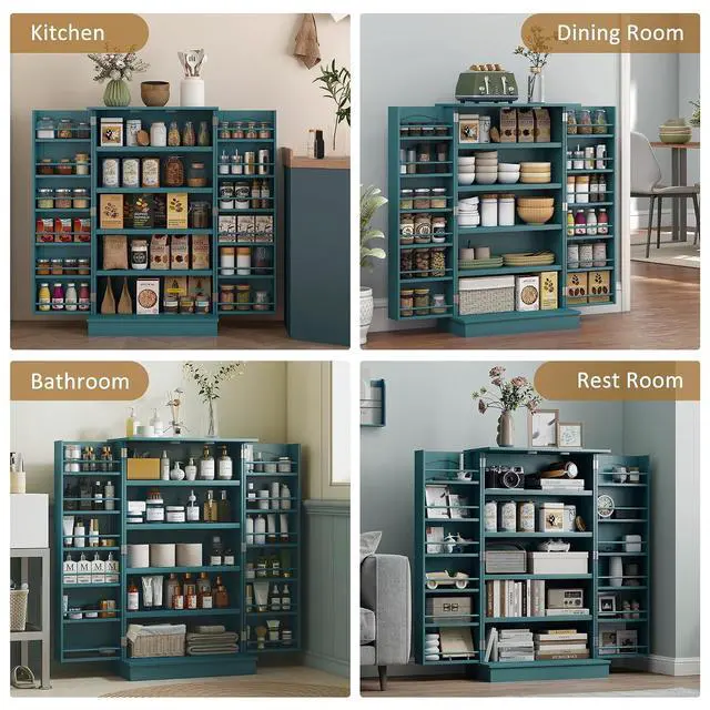 Alt view image 7 of 7 - 41" Kitchen Pantry Storage Cabinet 12 Door Shelves Double Doors Blue | Freestanding Kitchen Cabinet, 2 Doors, 5-Tier Shelving, Adjustable Shelves