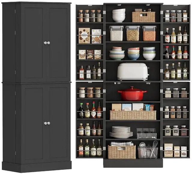 Main image of 65" Kitchen Pantry Storage Cabinet 16 Door Shelves Black | Freestanding Kitchen Cabinet, 4 Doors, 8-Tier Shelving, Adjustable Shelves