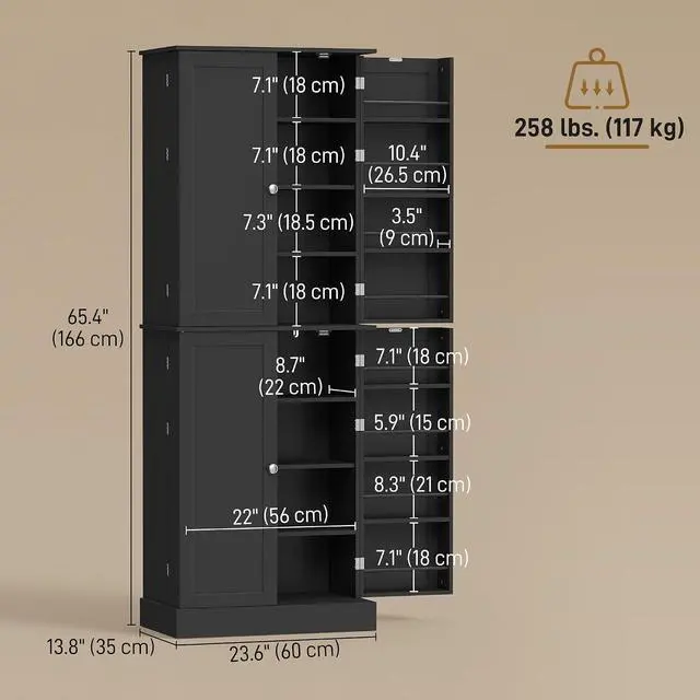 Alt view image 3 of 7 - 65" Kitchen Pantry Storage Cabinet 16 Door Shelves Black | Freestanding Kitchen Cabinet, 4 Doors, 8-Tier Shelving, Adjustable Shelves