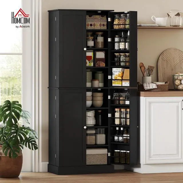 Alt view image 2 of 7 - 65" Kitchen Pantry Storage Cabinet 16 Door Shelves Black | Freestanding Kitchen Cabinet, 4 Doors, 8-Tier Shelving, Adjustable Shelves
