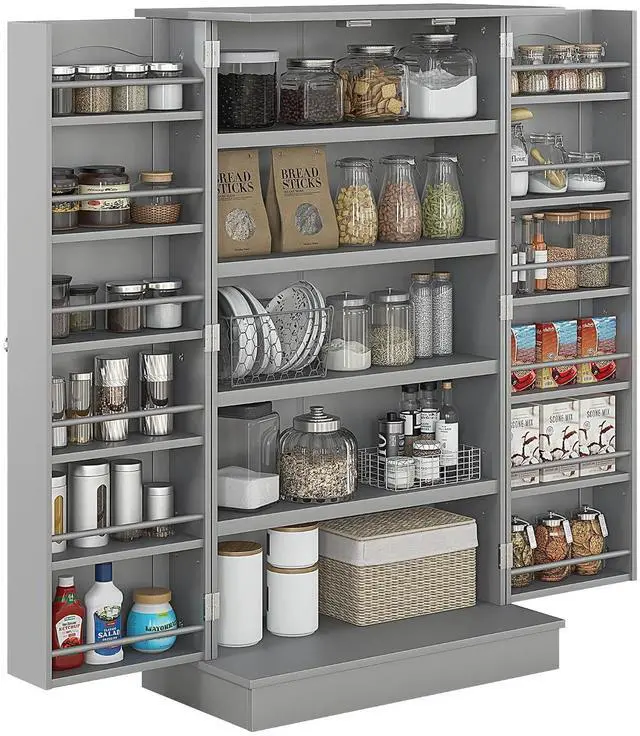 Main image of 41" Kitchen Pantry Storage Cabinet 12 Door Shelves Double Doors Gray | Freestanding Kitchen Cabinet, 2 Doors, 5-Tier Shelving, Adjustable Shelves