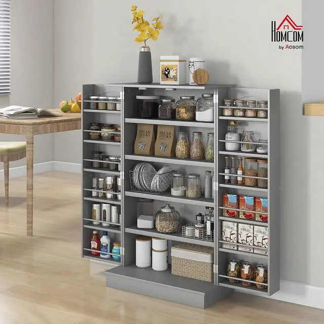 Alt view image 2 of 7 - 41" Kitchen Pantry Storage Cabinet 12 Door Shelves Double Doors Gray | Freestanding Kitchen Cabinet, 2 Doors, 5-Tier Shelving, Adjustable Shelves