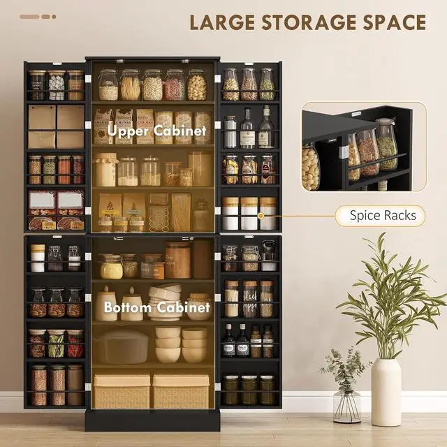 Alt view image 4 of 7 - 65" Kitchen Pantry Storage Cabinet 16 Door Shelves Black | Freestanding Kitchen Cabinet, 4 Doors, 8-Tier Shelving, Adjustable Shelves
