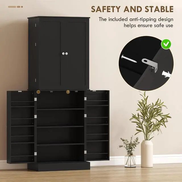 Alt view image 6 of 7 - 65" Kitchen Pantry Storage Cabinet 16 Door Shelves Black | Freestanding Kitchen Cabinet, 4 Doors, 8-Tier Shelving, Adjustable Shelves
