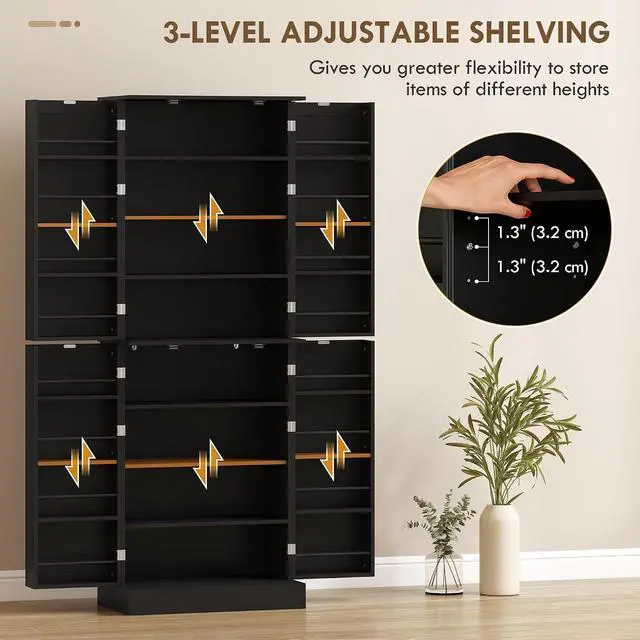 Alt view image 5 of 7 - 65" Kitchen Pantry Storage Cabinet 16 Door Shelves Black | Freestanding Kitchen Cabinet, 4 Doors, 8-Tier Shelving, Adjustable Shelves