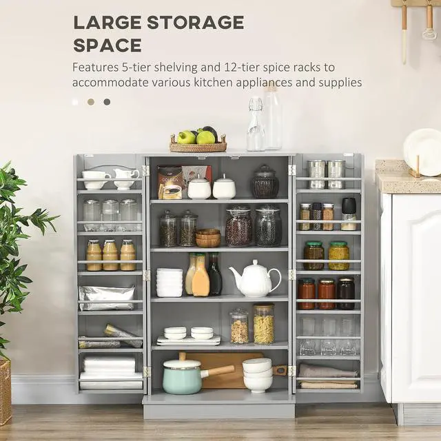 Alt view image 4 of 7 - 41" Kitchen Pantry Storage Cabinet 12 Door Shelves Double Doors Gray | Freestanding Kitchen Cabinet, 2 Doors, 5-Tier Shelving, Adjustable Shelves