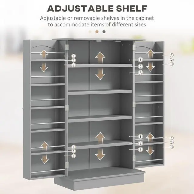 Alt view image 5 of 7 - 41" Kitchen Pantry Storage Cabinet 12 Door Shelves Double Doors Gray | Freestanding Kitchen Cabinet, 2 Doors, 5-Tier Shelving, Adjustable Shelves