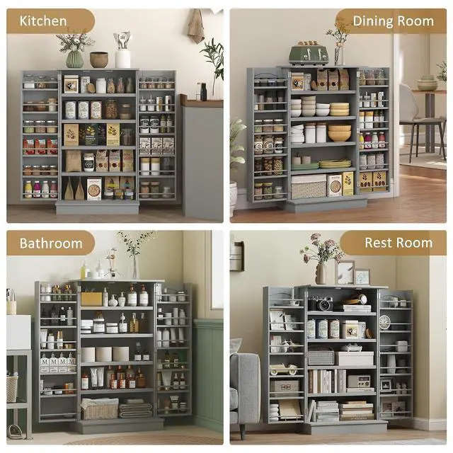 Alt view image 7 of 7 - 41" Kitchen Pantry Storage Cabinet 12 Door Shelves Double Doors Gray | Freestanding Kitchen Cabinet, 2 Doors, 5-Tier Shelving, Adjustable Shelves