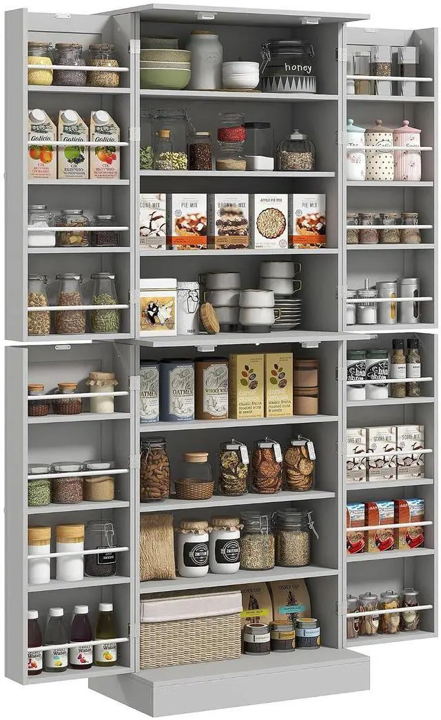 Main image of 65" Kitchen Pantry Storage Cabinet 16 Door Shelves Gray | Freestanding Kitchen Cabinet, 4 Doors, 8-Tier Shelving, Adjustable Shelves