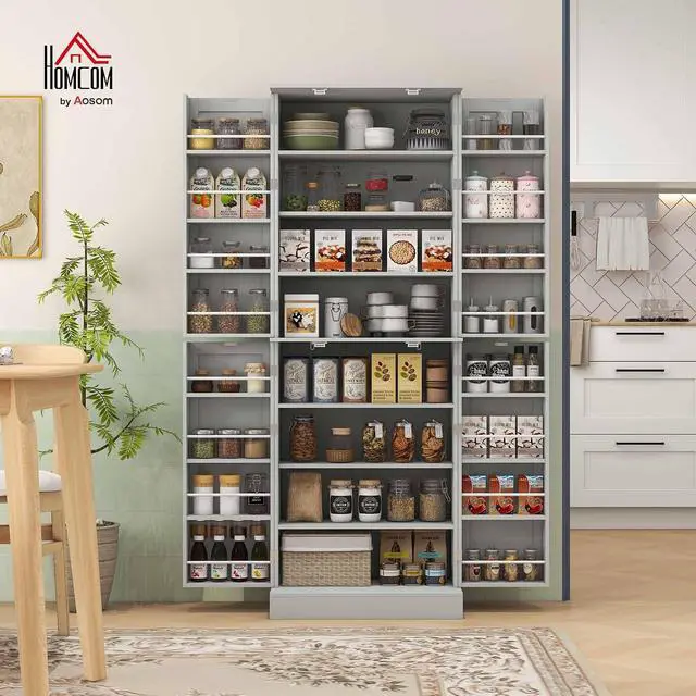 Alt view image 2 of 7 - 65" Kitchen Pantry Storage Cabinet 16 Door Shelves Gray | Freestanding Kitchen Cabinet, 4 Doors, 8-Tier Shelving, Adjustable Shelves