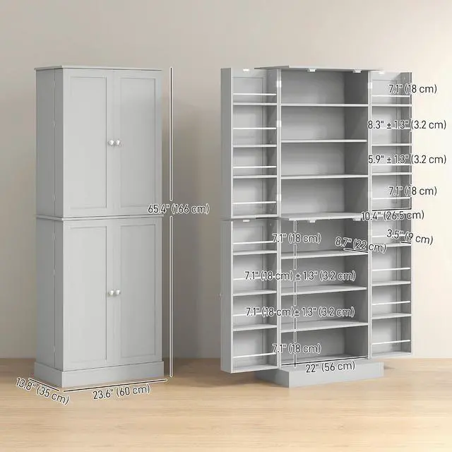 Alt view image 3 of 7 - 65" Kitchen Pantry Storage Cabinet 16 Door Shelves Gray | Freestanding Kitchen Cabinet, 4 Doors, 8-Tier Shelving, Adjustable Shelves