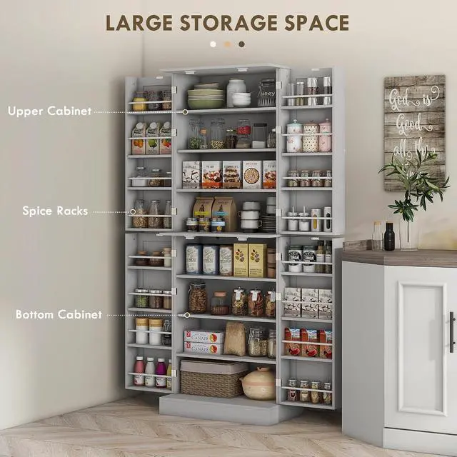 Alt view image 4 of 7 - 65" Kitchen Pantry Storage Cabinet 16 Door Shelves Gray | Freestanding Kitchen Cabinet, 4 Doors, 8-Tier Shelving, Adjustable Shelves
